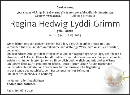 Traueranzeige von Regina Hedwig Lyddi Grimm von Trauerkombi Wittenberg