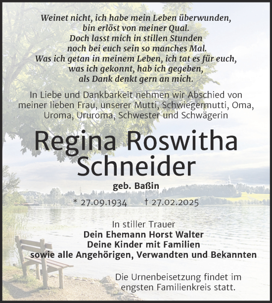 Traueranzeige von Regina Roswitha Schneider von Trauerkombi Bitterfeld