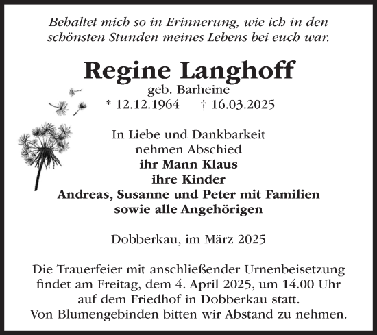 Traueranzeige von Regine Langhoff von Volksstimme Altmark Ost