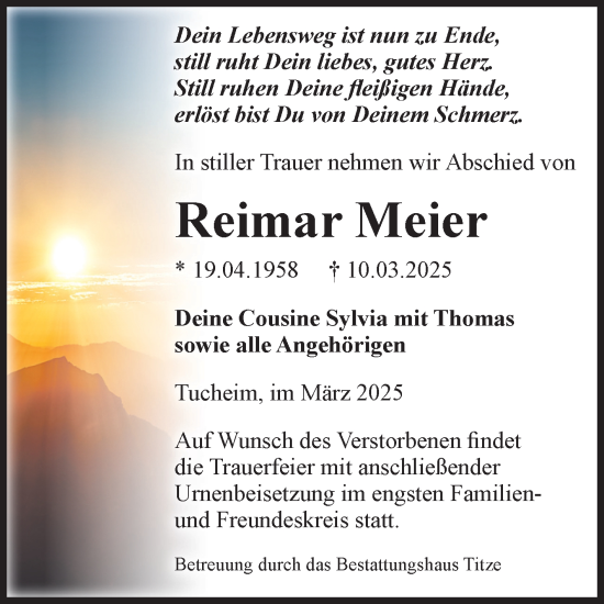 Traueranzeige von Reimar Meier von Volksstimme Burg/Genthin