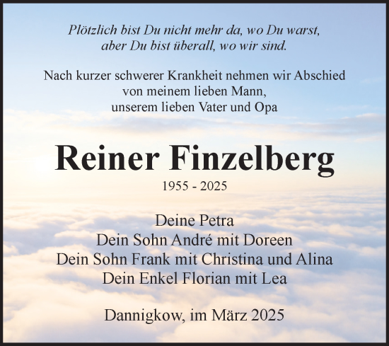 Traueranzeige von Reiner Finzelberg von Volksstimme Burg/Genthin