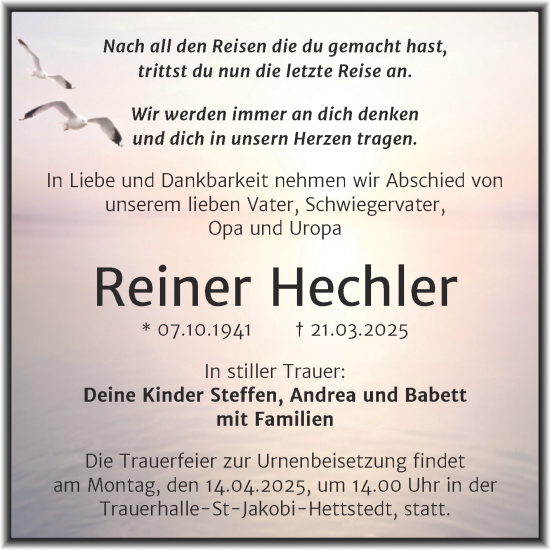 Traueranzeige von Reiner Hechler von Trauerkombi Mansfelder Land