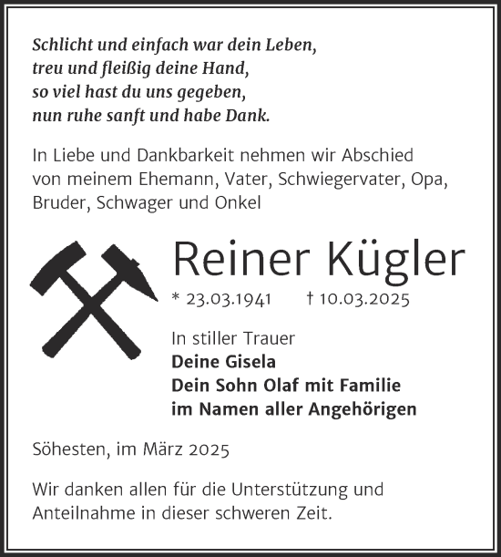 Traueranzeige von Reiner Kügler von Trauerkombi Weißenfels