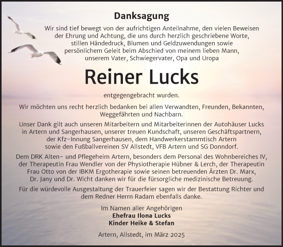 Traueranzeige von Reiner Lucks von Trauerkombi Sangerhausen