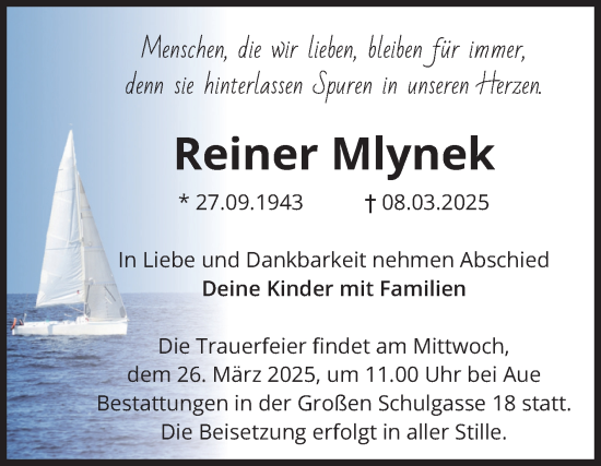 Traueranzeige von Reiner Mlynek von Volksstimme Magdeburg