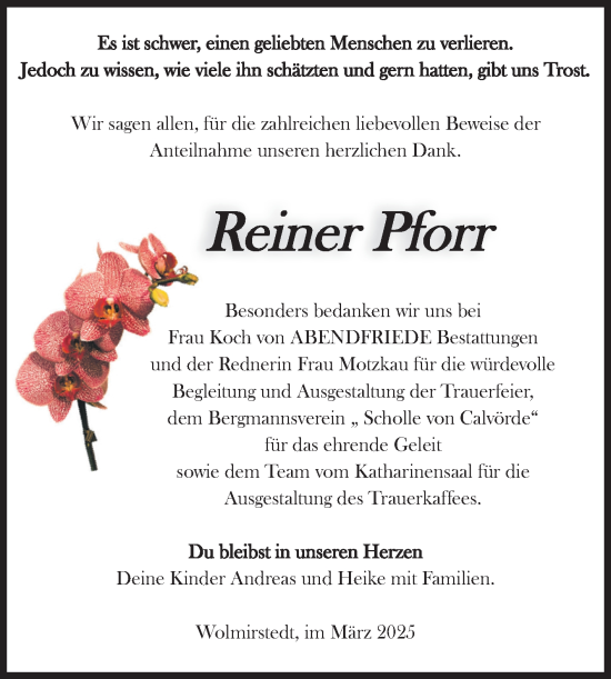Traueranzeige von Reiner Pforr von Volksstimme Haldensleben/Wolmirstedt