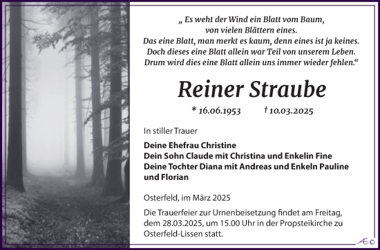 Traueranzeige von Reiner Straube von Super Sonntag Naumburg/Nebra