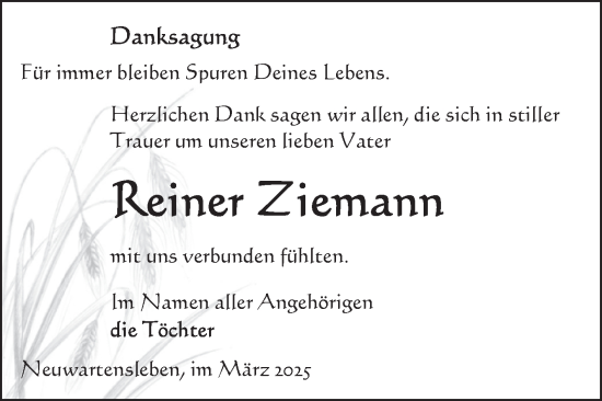 Traueranzeige von Reiner Ziemann von Volksstimme Altmark Ost