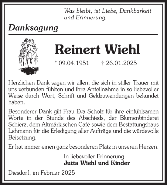 Traueranzeige von Reinert Wiehl von Volksstimme Altmark West