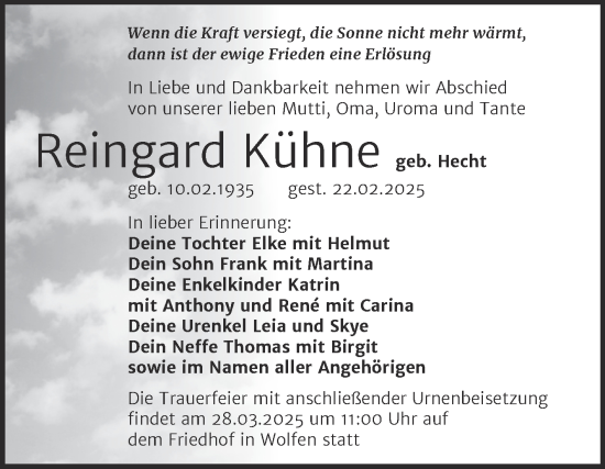 Traueranzeige von Reingard Kühne von SuperSonntag Bitterfeld