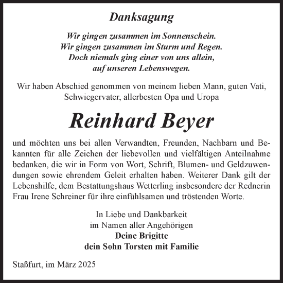 Traueranzeige von Reinhard Beyer von Volksstimme Staßfurt
