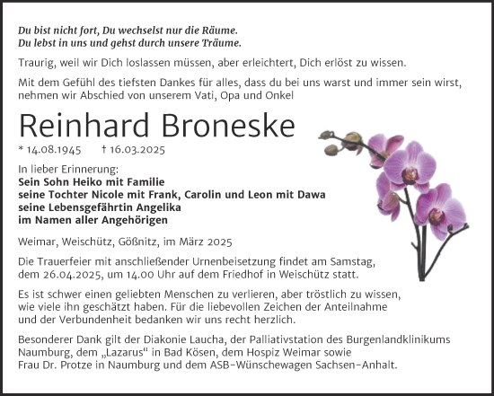 Traueranzeige von Reinhard Broneske von Super Sonntag Naumburg/Nebra