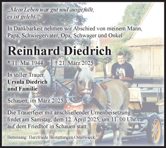 Traueranzeige von Reinhard Diedrich von Volksstimme Halberstadt