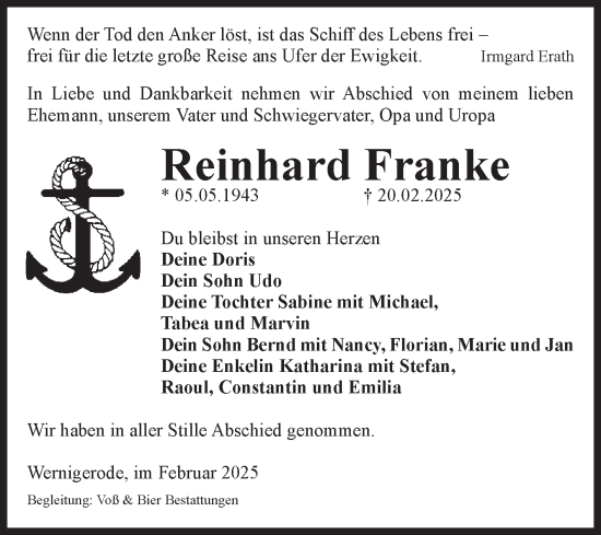 Traueranzeige von Reinhard Franke von Volksstimme Wernigerode