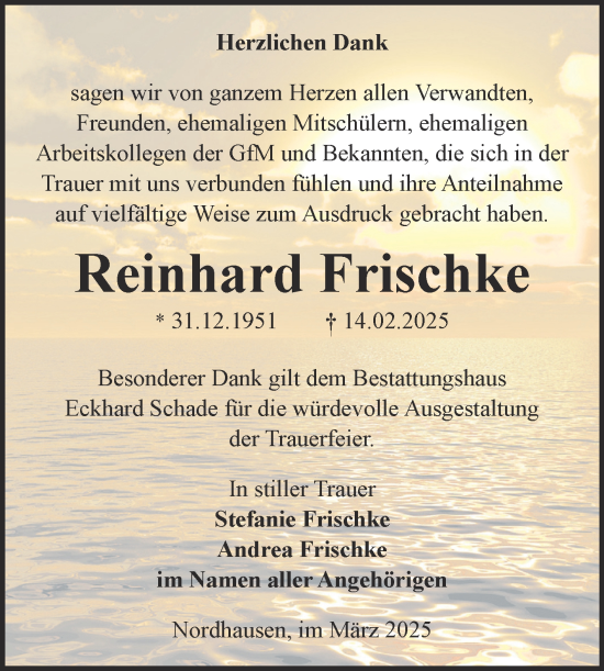 Traueranzeige von Reinhard Frischke von Mitteldeutsche Zeitung Sangerhausen