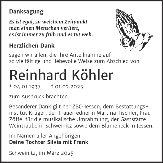 Traueranzeige von Reinhard Köhler von Super Sonntag Wittenberg