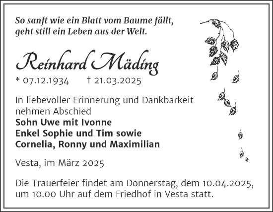 Traueranzeige von Reinhard Mäding von Trauerkombi Merseburg