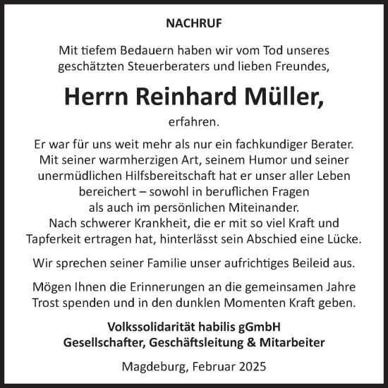 Traueranzeige von Reinhard Müller von Volksstimme Magdeburg
