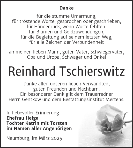 Traueranzeige von Reinhard Tschierswitz von Super Sonntag Naumburg/Nebra