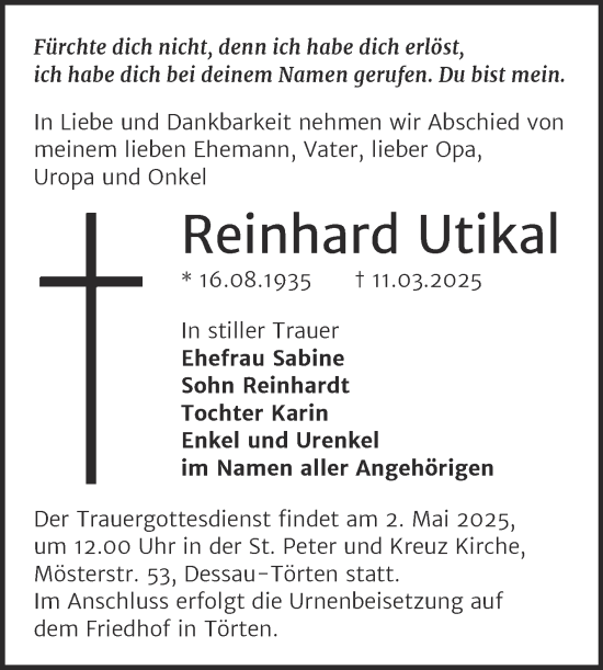 Traueranzeige von Reinhard Utikal von Trauerkombi Dessau