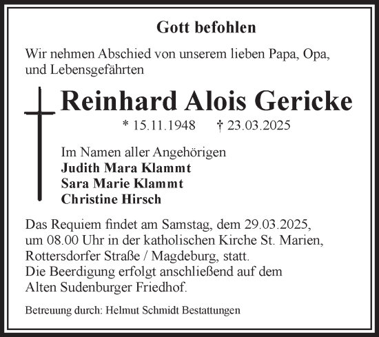 Traueranzeige von Reinhard Alois Gericke von Volksstimme Magdeburg