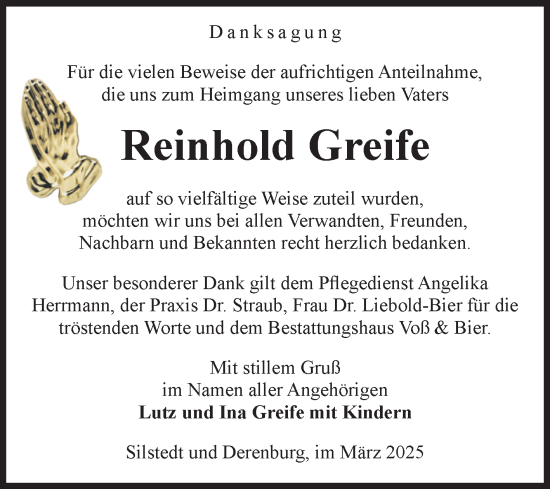Traueranzeige von Reinhold Greife von Volksstimme Wernigerode