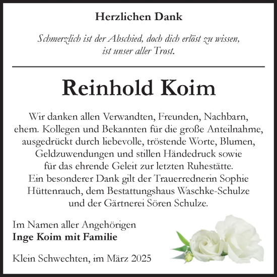 Traueranzeige von Reinhold Koim von Volksstimme Altmark Ost