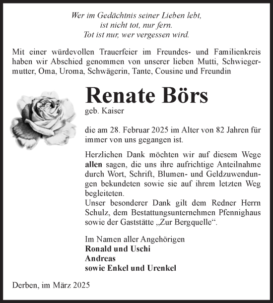 Traueranzeige von Renate Börs von Volksstimme Burg/Genthin