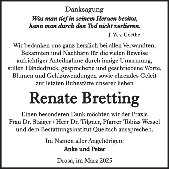 Traueranzeige von Renate Bretting von Trauerkombi Köthen