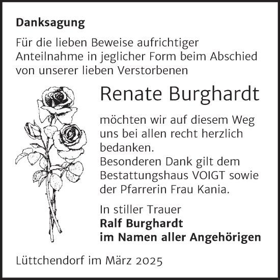 Traueranzeige von Renate Burghardt von Trauerkombi Mansfelder Land