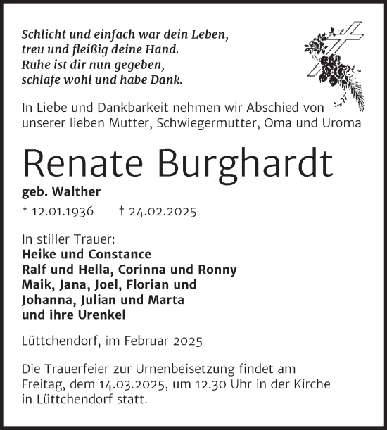 Traueranzeige von Renate Burghardt von Trauerkombi Mansfelder Land