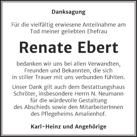 Traueranzeige von Renate Ebert von Super Sonntag Dessau-Roßlau
