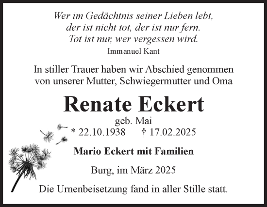Traueranzeige von Renate Eckert von Volksstimme Burg/Genthin