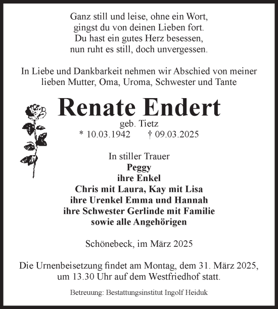 Traueranzeige von Renate Endert von Volksstimme Schönebeck