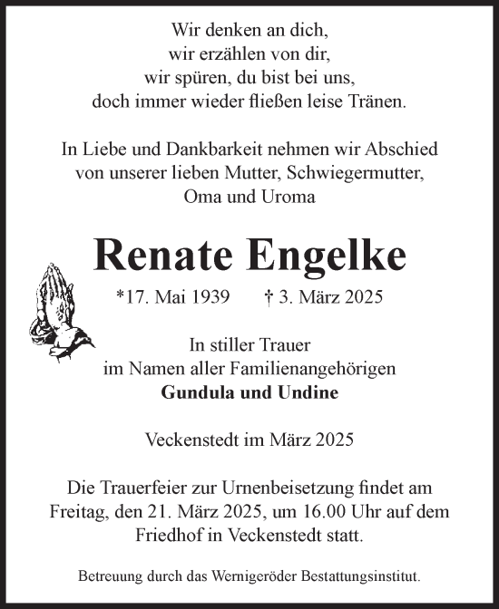 Traueranzeige von Renate Engelke von Volksstimme Wernigerode