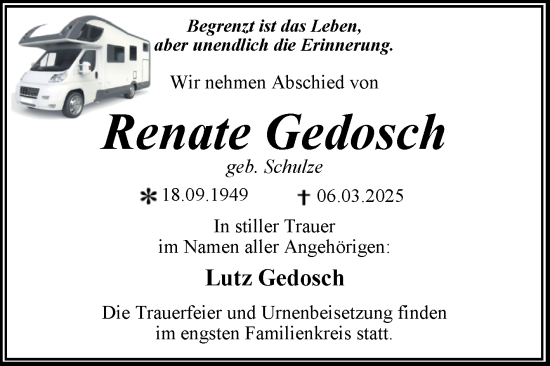 Traueranzeige von Renate Gedosch von Trauerkombi Dessau
