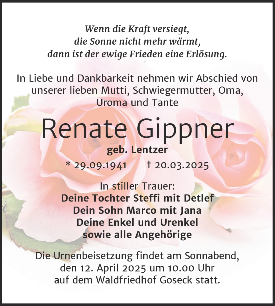 Traueranzeige von Renate Gippner von Trauerkombi Weißenfels