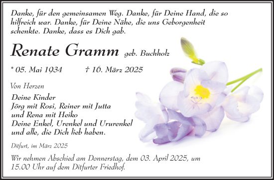 Traueranzeige von Renate Gramm von Trauerkombi Quedlinburg