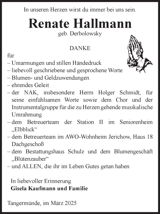 Traueranzeige von Renate Hallmann von Volksstimme Altmark Ost