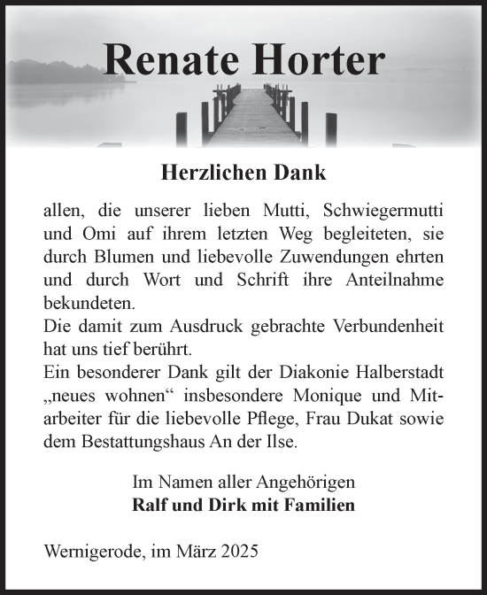 Traueranzeige von Renate Horter von Volksstimme Wernigerode