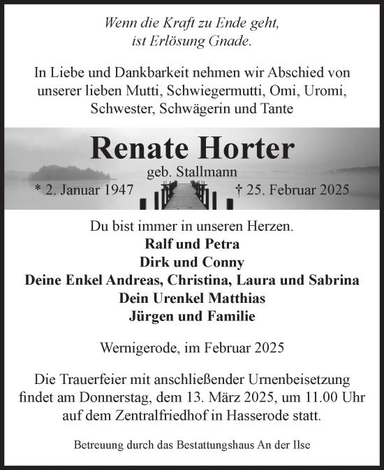 Traueranzeige von Renate Horter von Volksstimme Wernigerode