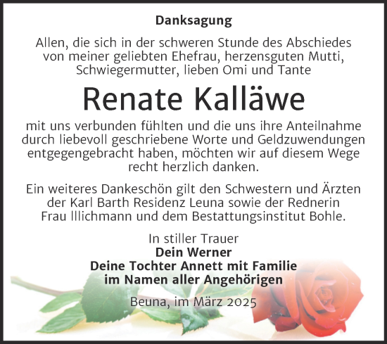 Traueranzeige von Renate Kalläwe von Trauerkombi Merseburg