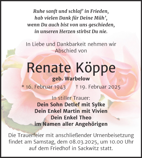 Traueranzeige von Renate Köppe von Trauerkombi Wittenberg