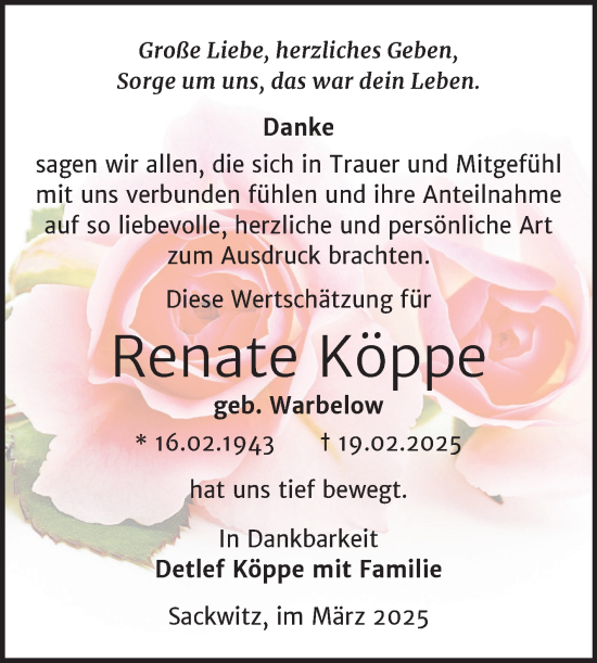 Traueranzeige von Renate Köppe von Trauerkombi Wittenberg