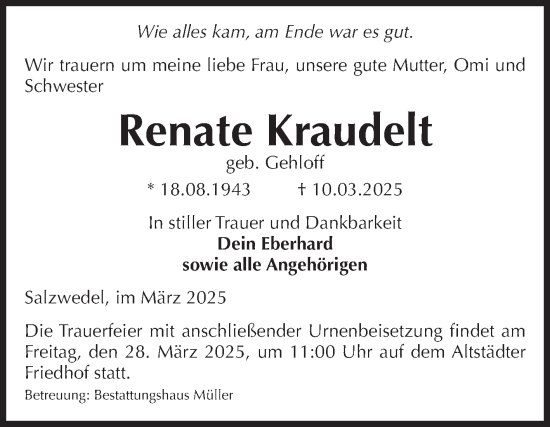 Traueranzeige von Renate Kraudelt von Volksstimme Altmark West