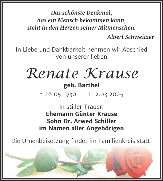 Traueranzeige von Renate Krause von Trauerkombi Aschersleben