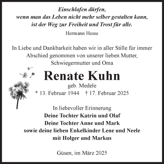 Traueranzeige von Renate Kuhn von Volksstimme Burg/Genthin