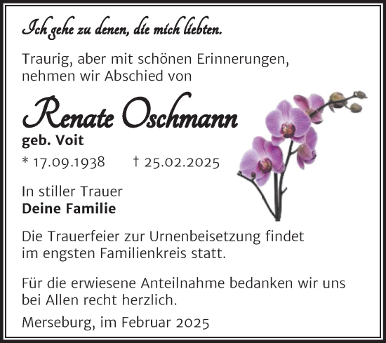 Traueranzeige von Renate Oschmann von Trauerkombi Merseburg