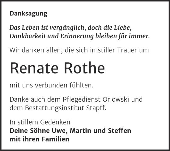 Traueranzeige von Renate Rothe von Trauerkombi Mansfelder Land