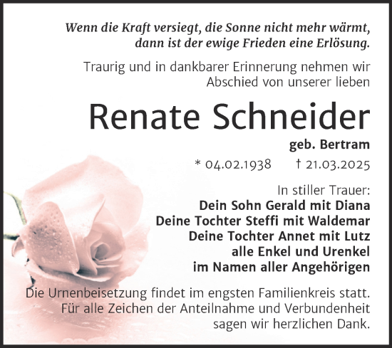 Traueranzeige von Renate Schneider von Trauerkombi Merseburg